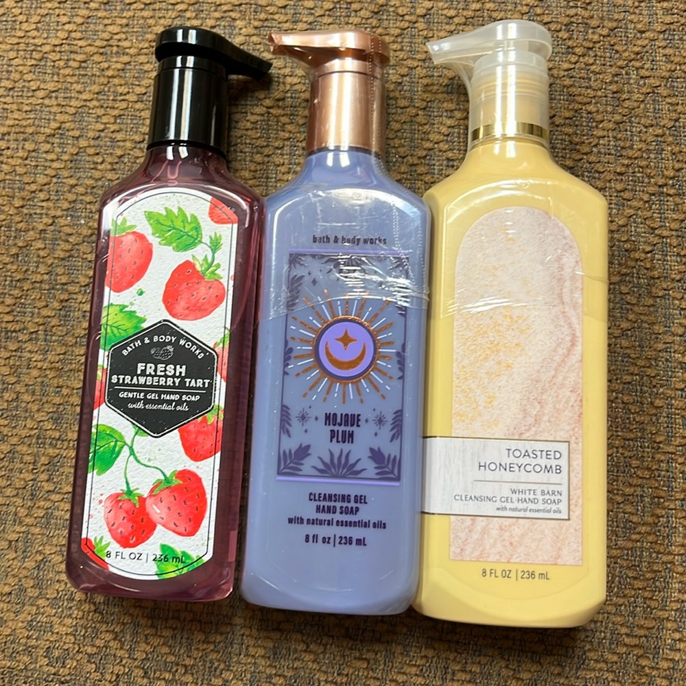 Bath and body soaps in fresh strawberry tart, Mojave plum and toasted honey comb